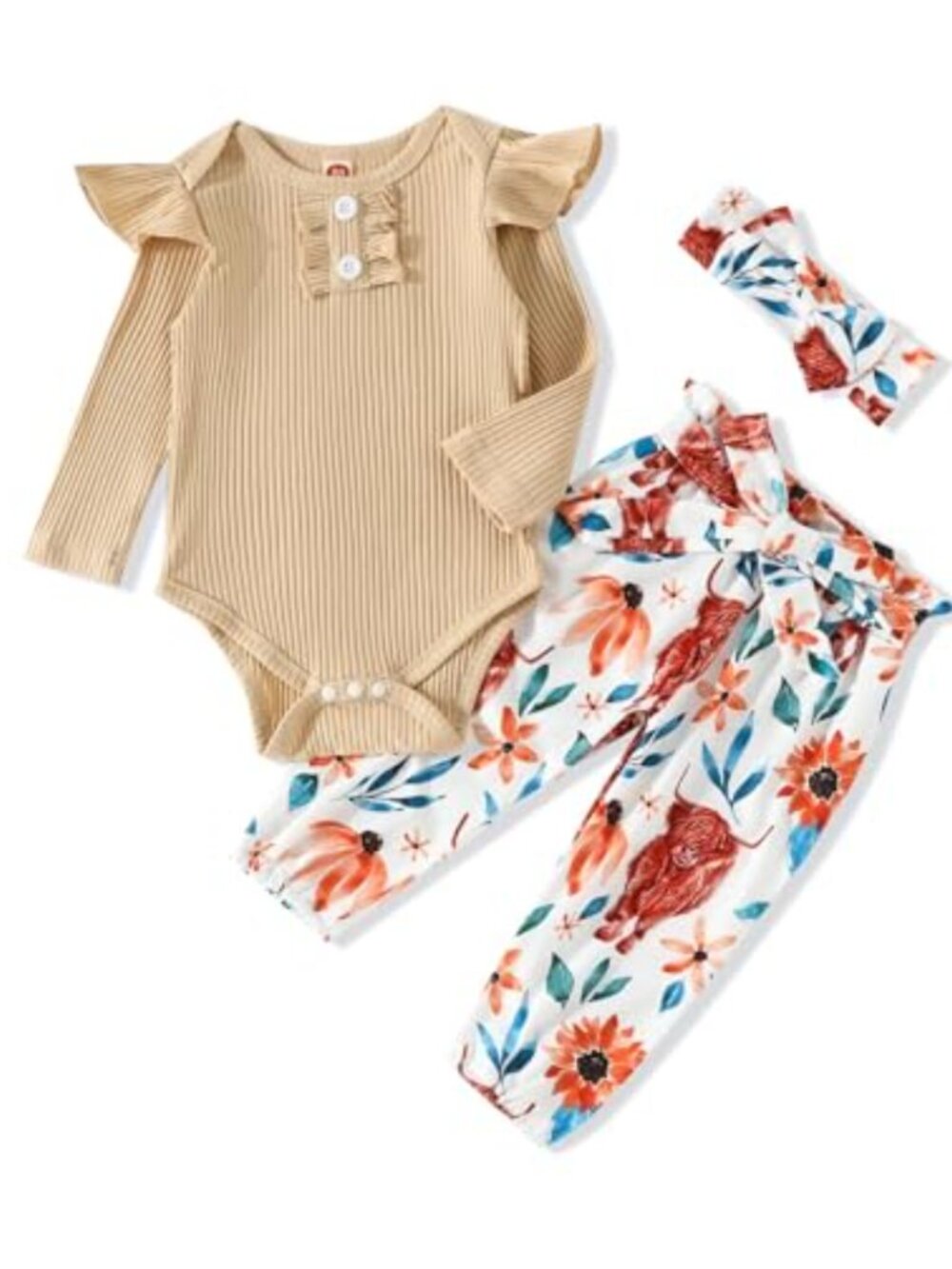 Baby Girls Ribbed Ruffled Romper Floral Bell Bottom Pants 3 Pc Outfit Set